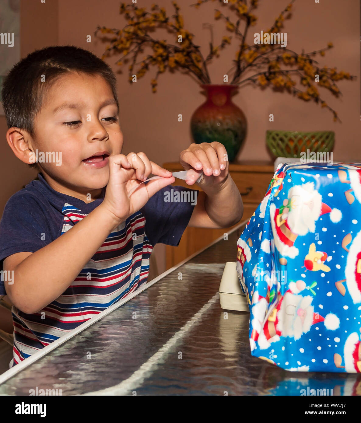 Un giovane bambino incarto regalo di Natale. Serie di 7 immagini. Signor © Myrleen Pearson ...Ferguson Cate Foto Stock
