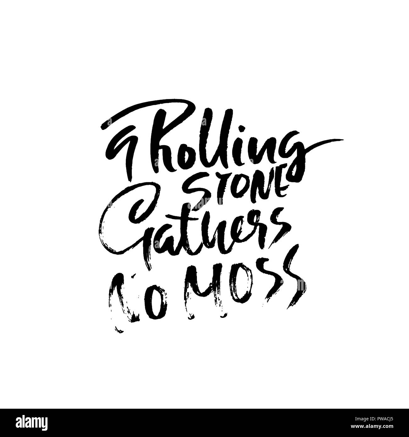 Un rotolamento snone raccoglie no moss . Disegnata a mano pennello asciutto lettering. Illustrazione di inchiostro. La calligrafia moderna frase. Illustrazione Vettoriale. Illustrazione Vettoriale