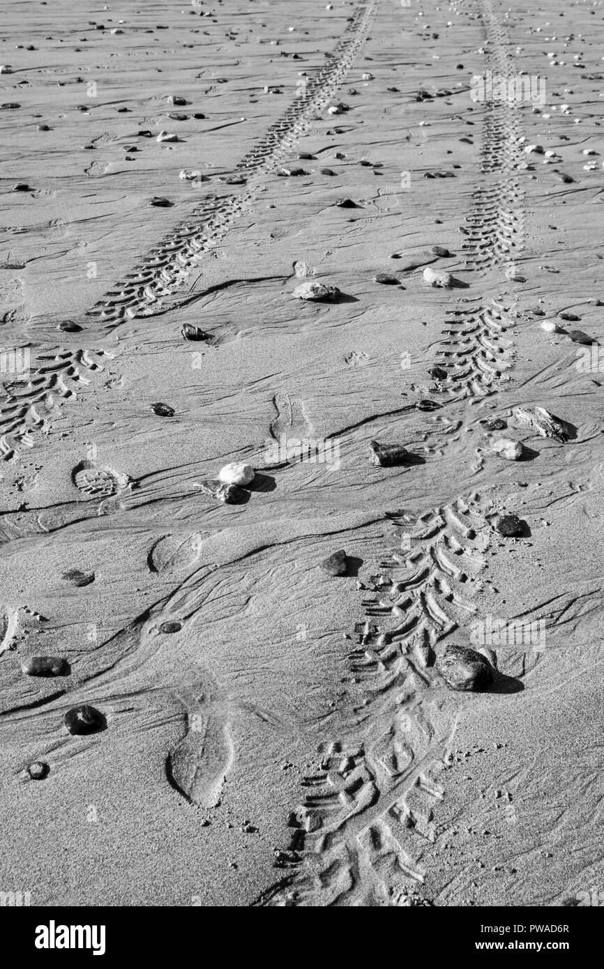 Abstract immagine in bianco e nero di tracce di pneumatici in tutta bagnata spiaggia sabbiosa. Piste curve. Foto Stock