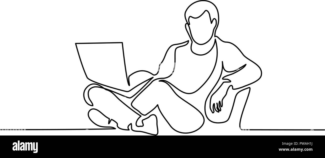 Continuo di un disegno della linea. Giovane uomo rilassante in poltrona, seduta con il computer portatile. Illustrazione Vettoriale Illustrazione Vettoriale