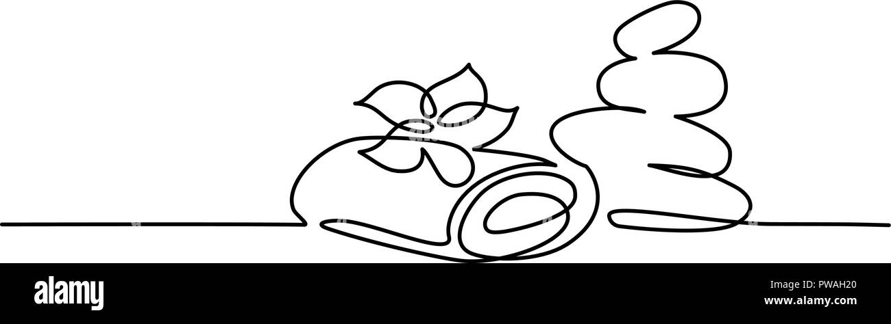Continuo di un disegno della linea. Cosmetici Spa bel fiore con asciugamano e zen pietre di basalto. Illustrazione Vettoriale Illustrazione Vettoriale