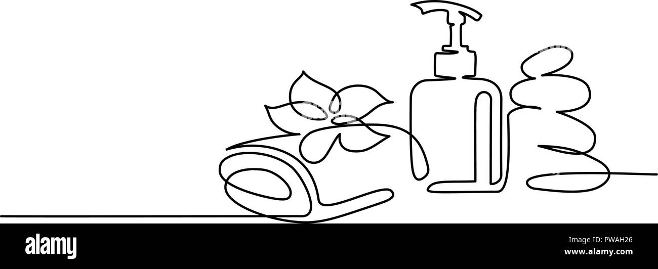 Continuo di un disegno della linea. Cosmetici Spa bel fiore con asciugamano, bottiglia e zen pietre di basalto. Illustrazione Vettoriale Illustrazione Vettoriale