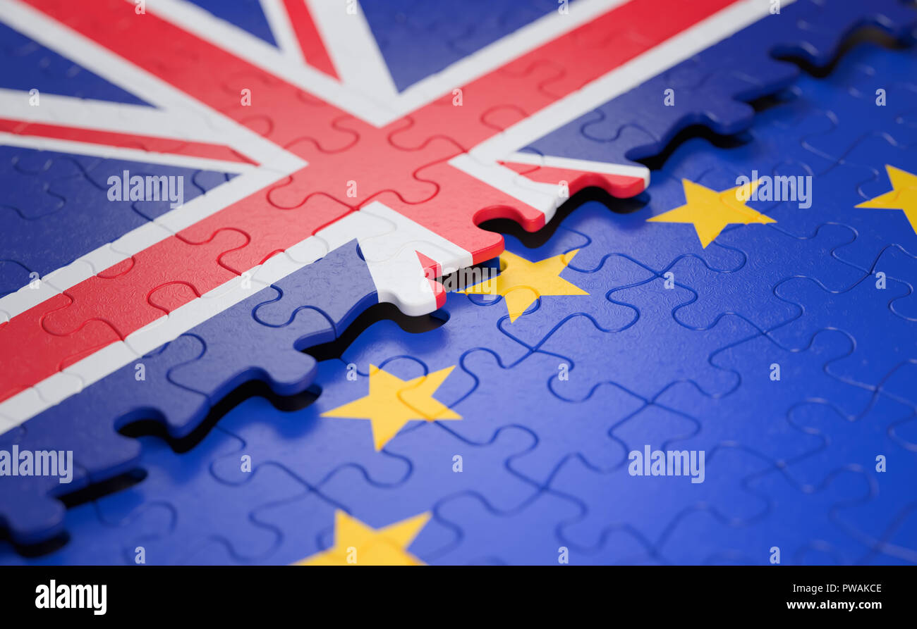 Bandiera del Regno Unito e dell'Unione europea sotto forma di pezzi di un puzzle nel concetto di politica e unione economica. Foto Stock