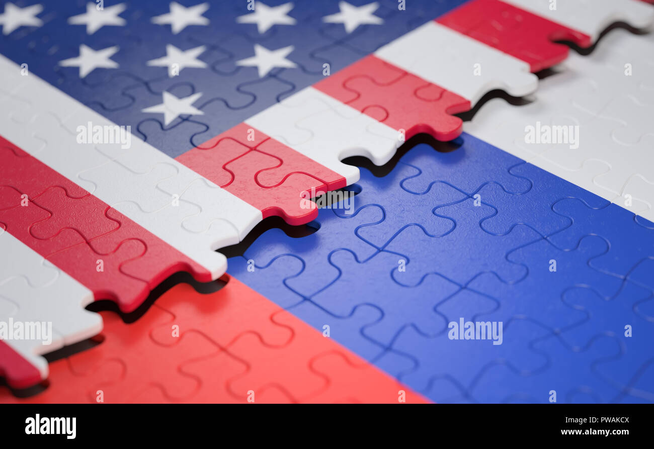 Bandiera degli Stati Uniti e della Russia sotto forma di pezzi di un puzzle. Foto Stock