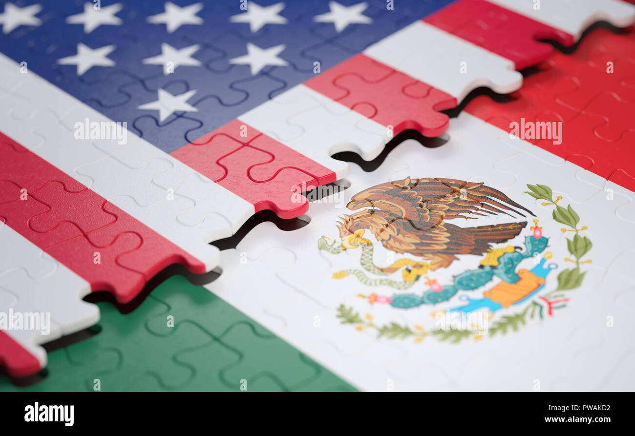 Bandiera degli Stati Uniti d'America e del Messico in forma di pezzi di un puzzle. Foto Stock