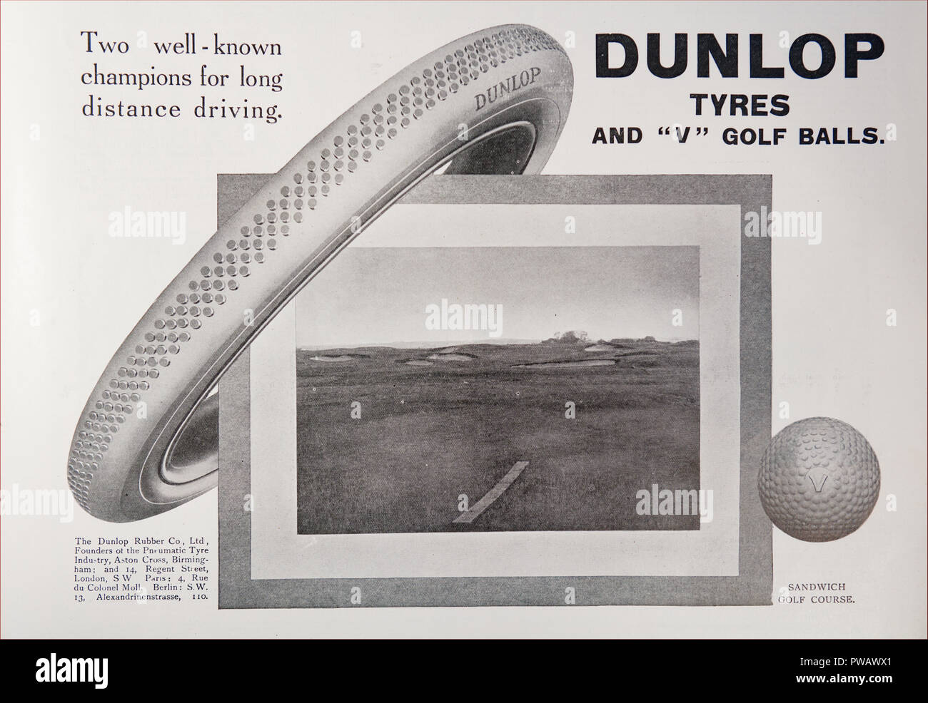 Un annuncio pubblicitario per pneumatici Dunlop e palline da golf. Da un vecchio magazzino dal periodo 1914-1918. Inghilterra REGNO UNITO GB Foto Stock