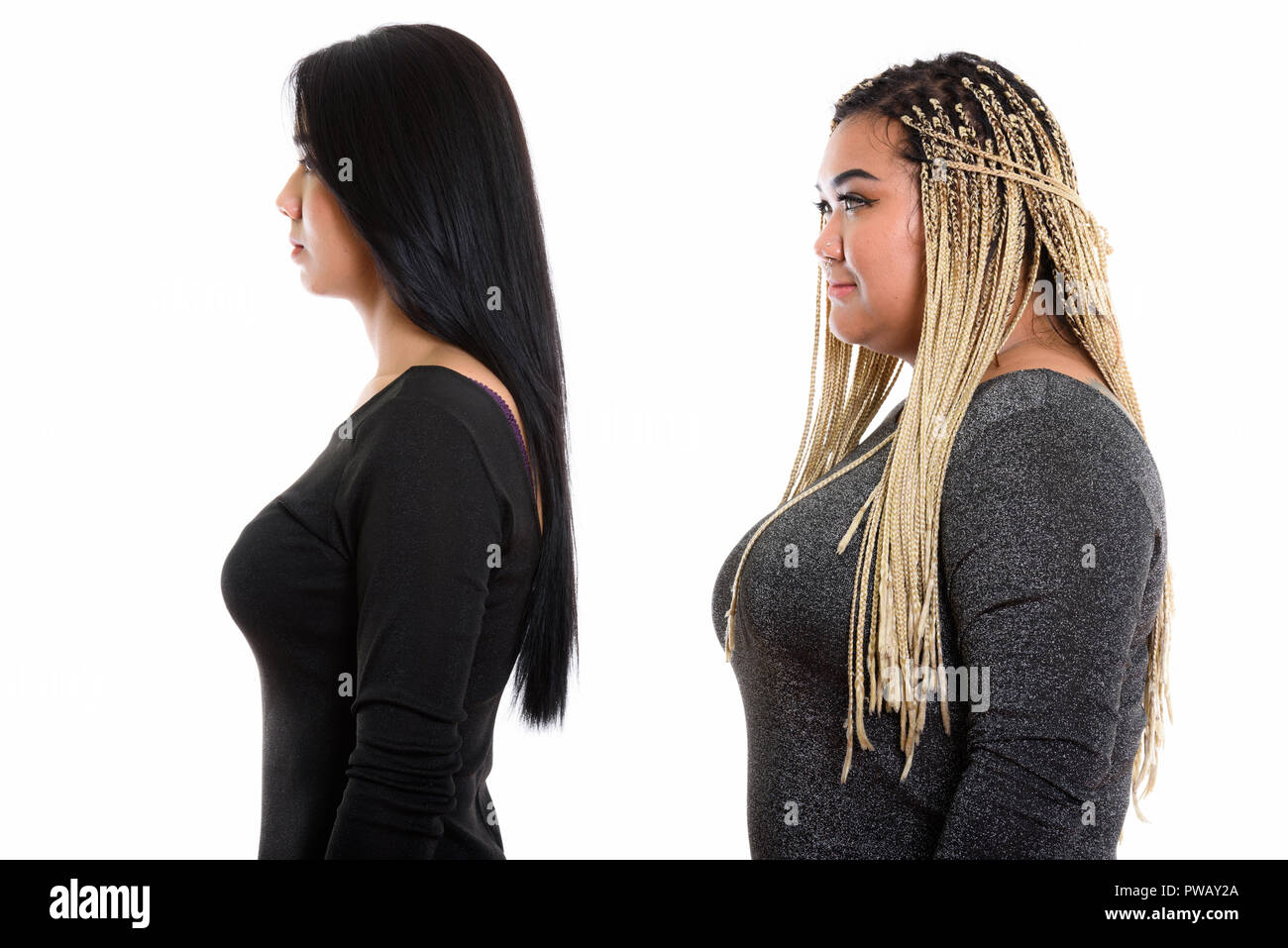 Vista di profilo di giovani asiatici transgender donna e fat Asian woma Foto Stock