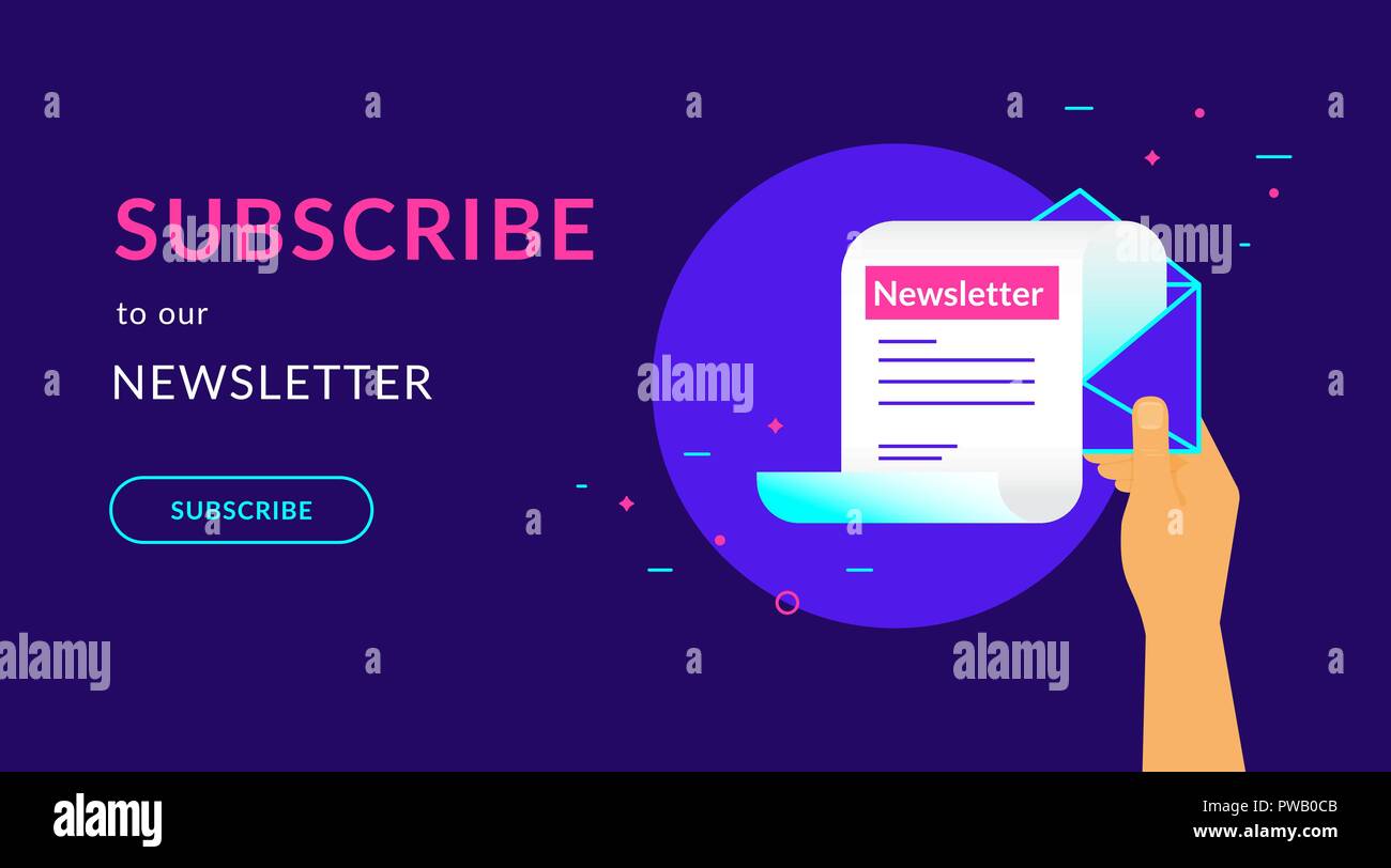 Iscriviti alla nostra newsletter vettore piatta illustrazione al neon per i banner web con testo e pulsante. Mano umana detiene newsletter battenti fuori la busta aperta Illustrazione Vettoriale