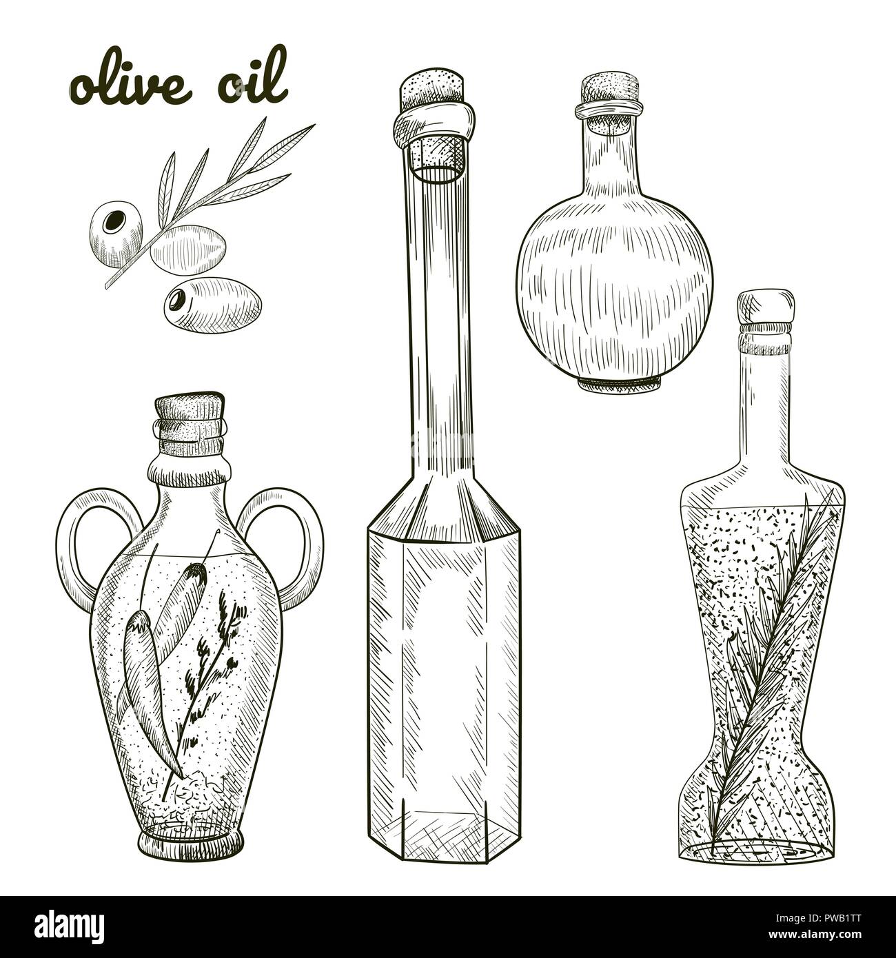 Le bottiglie di olio lato bozzetto isolati su sfondo bianco. Olive e bottiglie di diverse forme illustrazione. Illustrazione Vettoriale