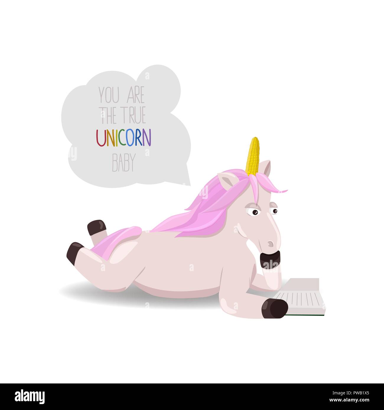 Unicorn con capelli rosa legge un libro isolato su sfondo bianco. Magia creatura e motivazionale preventivo. Unicorn la menzogna e la lettura. Illustrazione Vettoriale