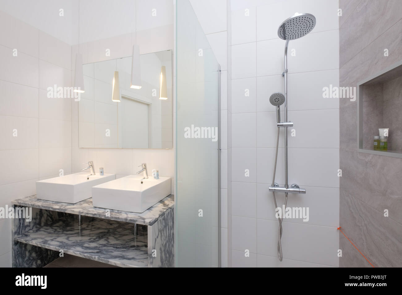 Bagno con un grande specchio, doppi lavandini e una parete montata sopra la doccia testa Foto Stock