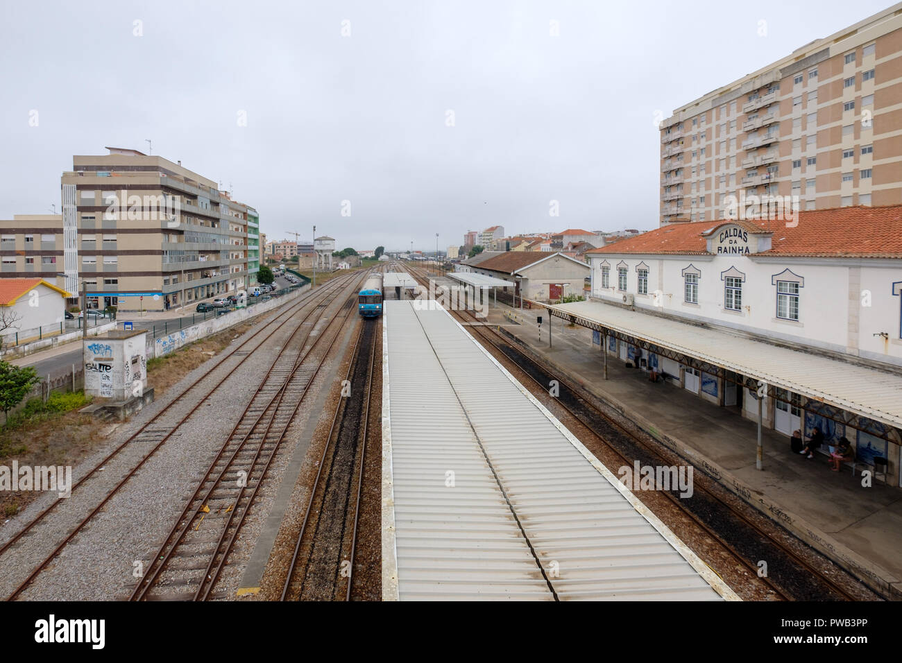 Vista aerea della stazione ferroviaria di Caldas da Rainha, Portogallo, Europa Foto Stock
