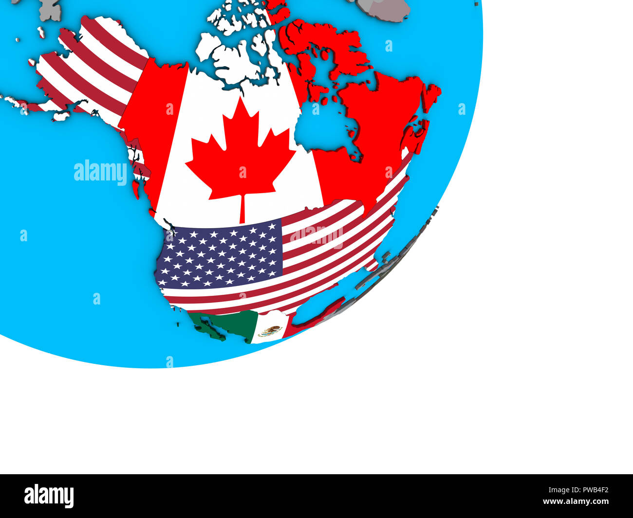 Il NAFTA memeber membri con bandiere nazionali sulla politica blu globo 3D. 3D'illustrazione. Foto Stock