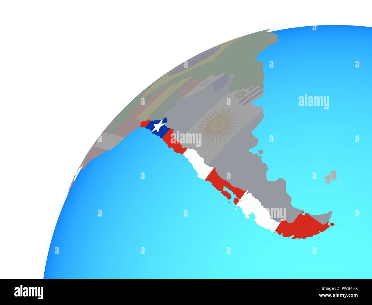 Il Cile con embedded bandiera nazionale sul globo terrestre. 3D'illustrazione. Foto Stock