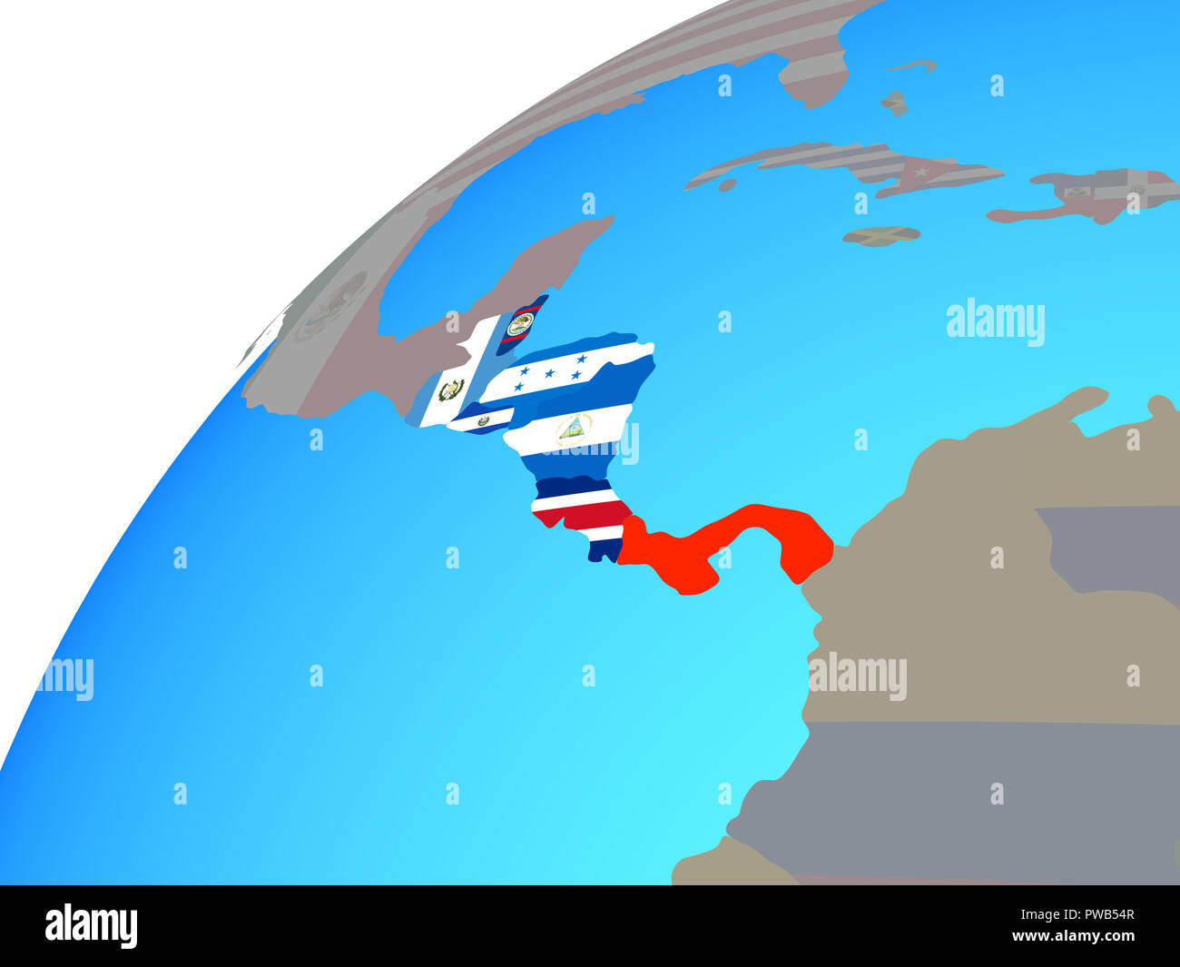 America centrale con embedded bandiere nazionali sul globo terrestre. 3D'illustrazione. Foto Stock