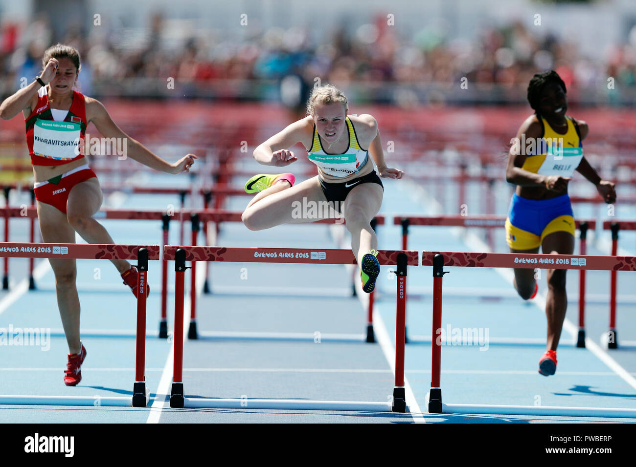 Buenos Aires, Argentina. Xiv oct, 2018. atletica, 100 metri ostacoli, donne: Antonia Buschendorf (M) dalla Germania in azione. Credito: Gustavo Ortiz/dpa/Alamy Live News Foto Stock