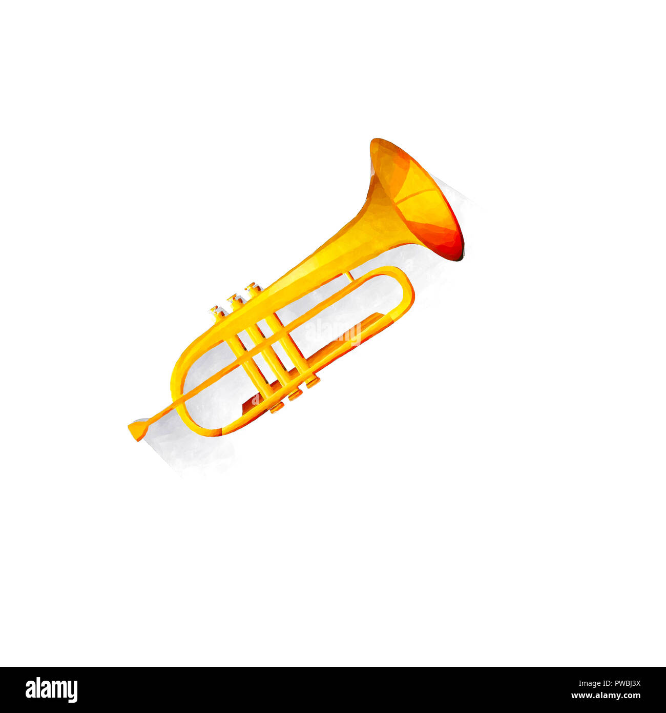 Acquerello lucido tromba d'oro su sfondo bianco Foto Stock