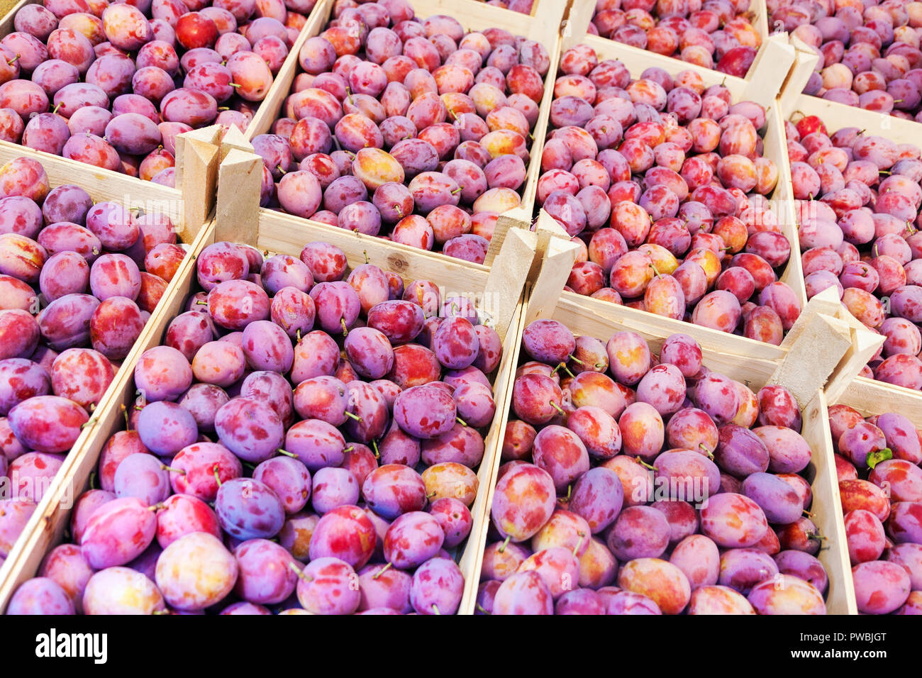Prugna fresca frutta in cassette di legno per la vendita al mercato, alimento naturale sfondo, vista diagonale Foto Stock