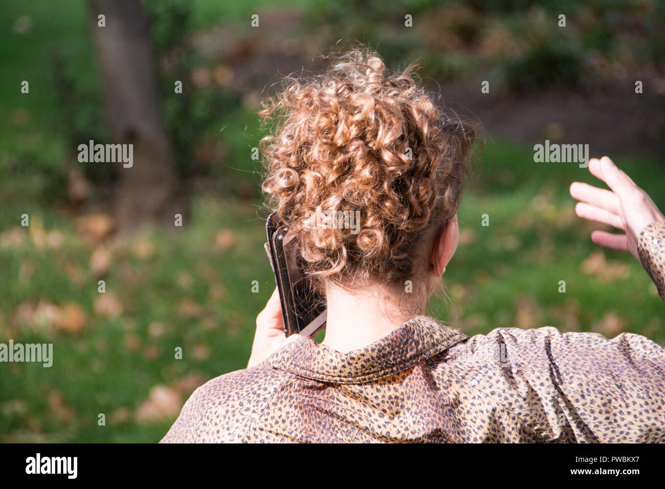 Una donna dalla testa rossa che gesticula su una panca del parco mentre effettua una chiamata telefonica sul suo telefono cellulare a Londra, Regno Unito Foto Stock