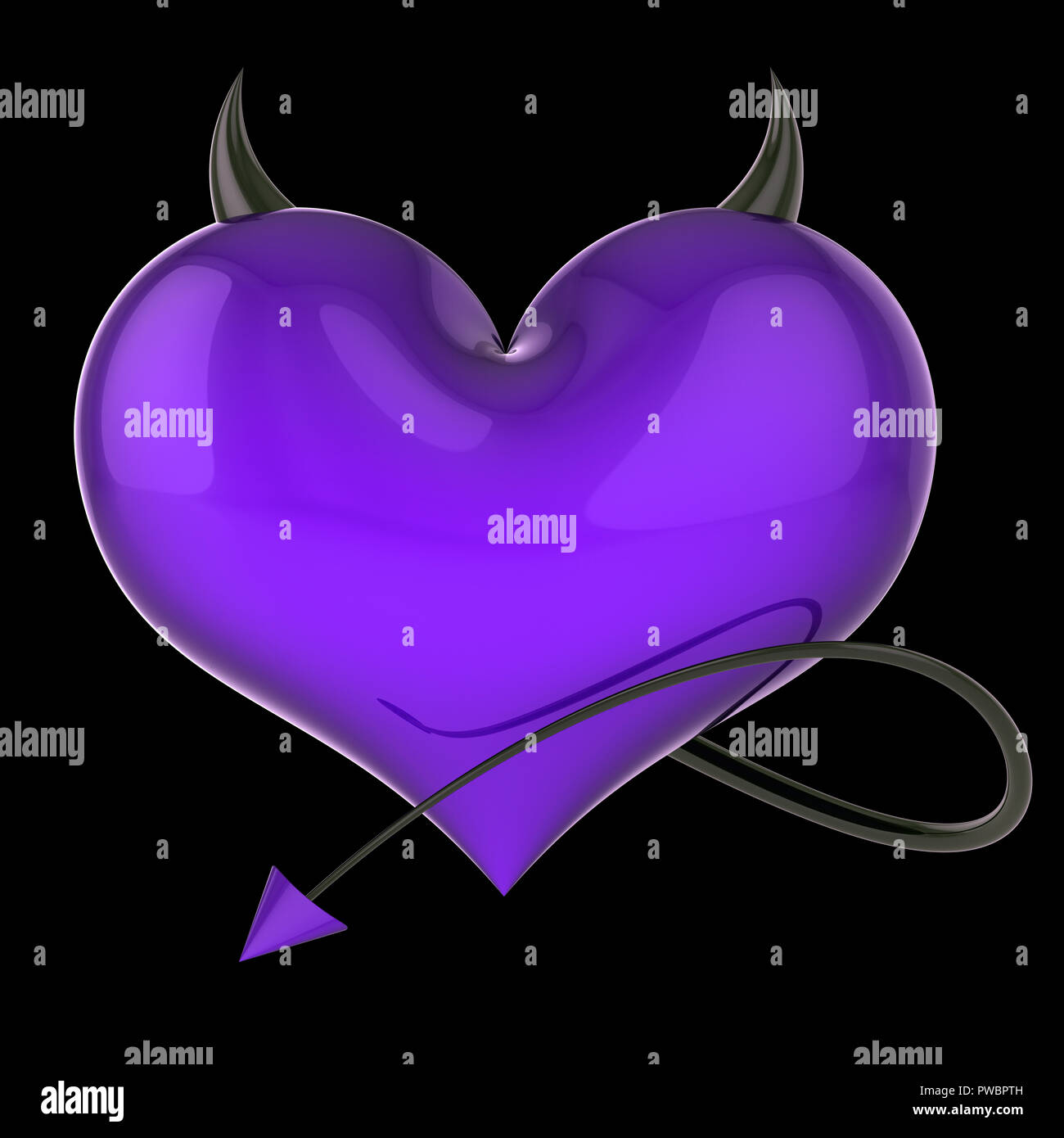 Cuore viola del diavolo con corna e coda, fake amore astratto di veleno. amante divorzio si trova concetto. Il giorno di San Valentino biglietto di auguri