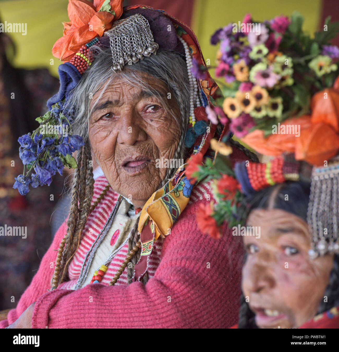 Vecchio Ariano (Brogpa) donna, Biama village, Ladakh, India Foto Stock