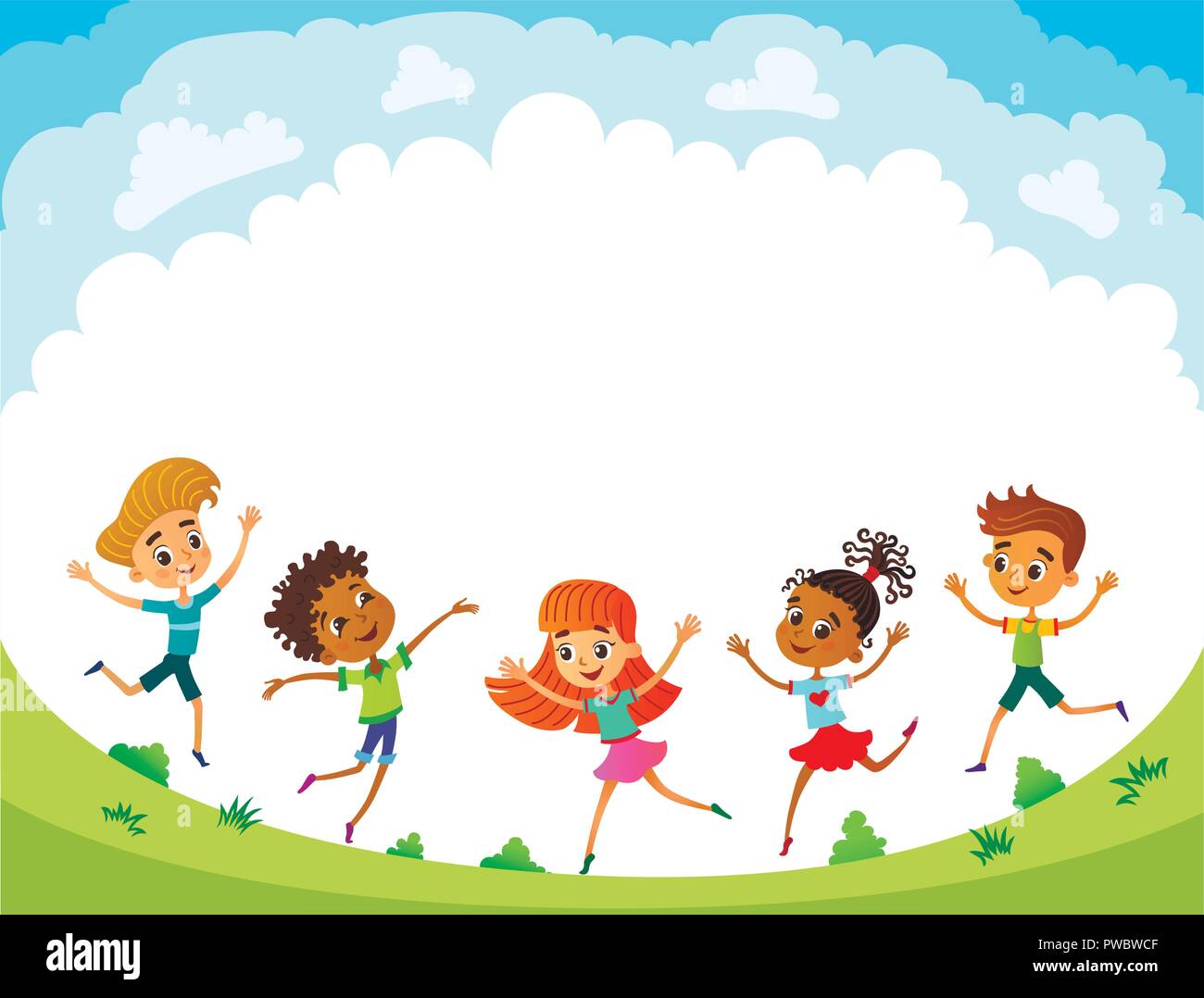 I bambini sono il salto sulla radura, bunner cartoon funny vettore, illustrazione Illustrazione Vettoriale