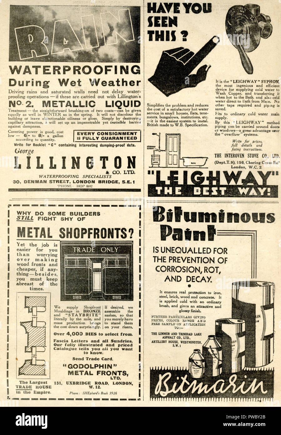 Vintage di selezione del messaggio pubblicitario per gli strumenti hardware e la creazione di materiali e servizi datata 17 gennaio 1936 nella illustrata falegname e Builder magazine Foto Stock