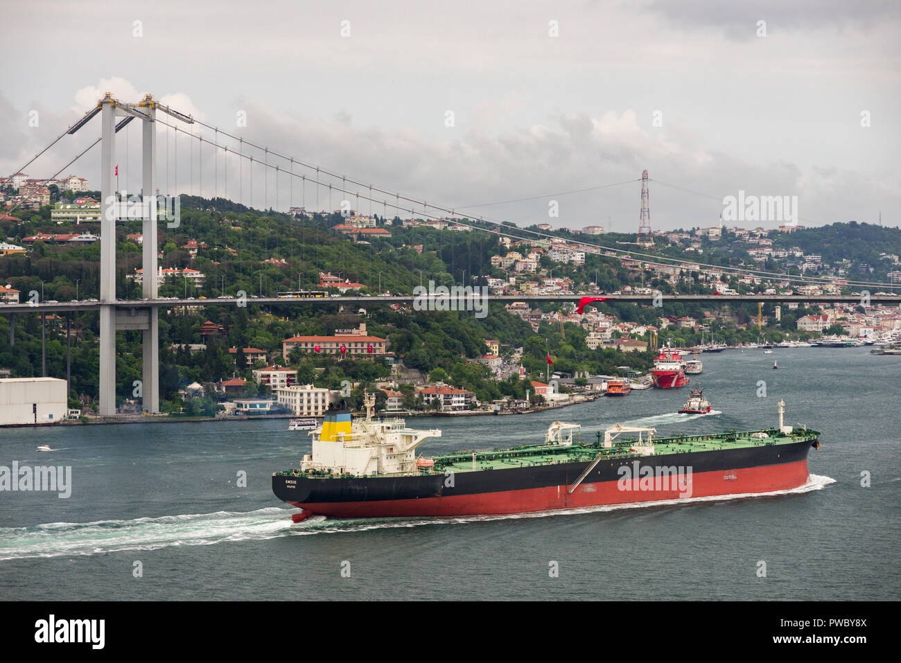 Una grande nave cargo vele sotto il 15 luglio martiri Suspension Bridge in direzione nord, Istanbul, Turchia Foto Stock