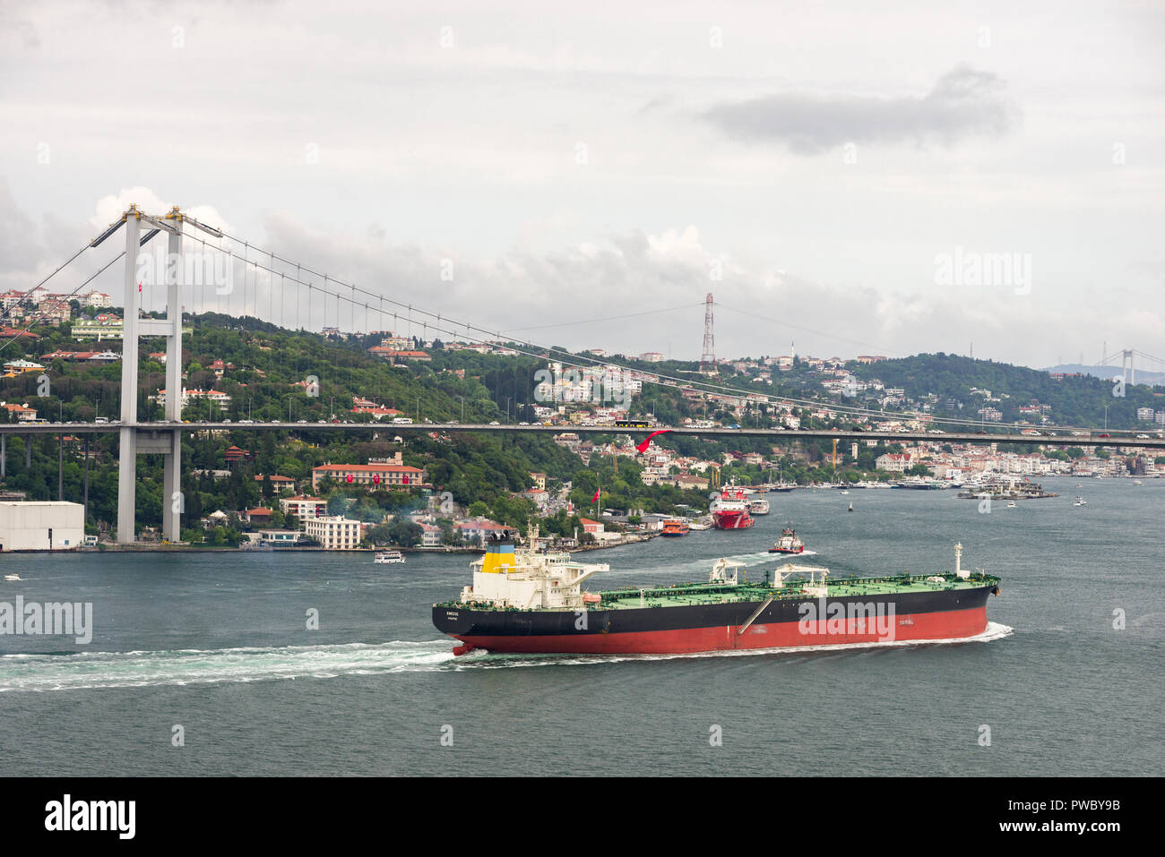 Una grande nave cargo vele sotto il 15 luglio martiri Suspension Bridge in direzione nord, Istanbul, Turchia Foto Stock