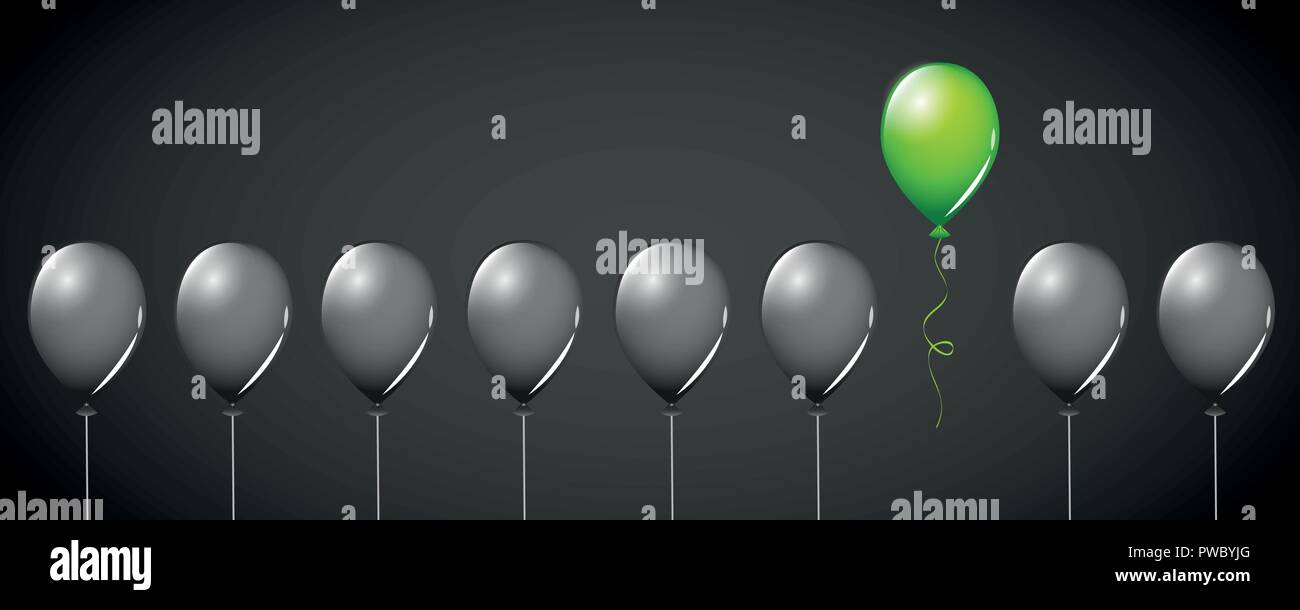 Green palloncino volare lontano da palloncini neri su sfondo nero diversi concept design illustrazione vettoriale EPS10 Illustrazione Vettoriale