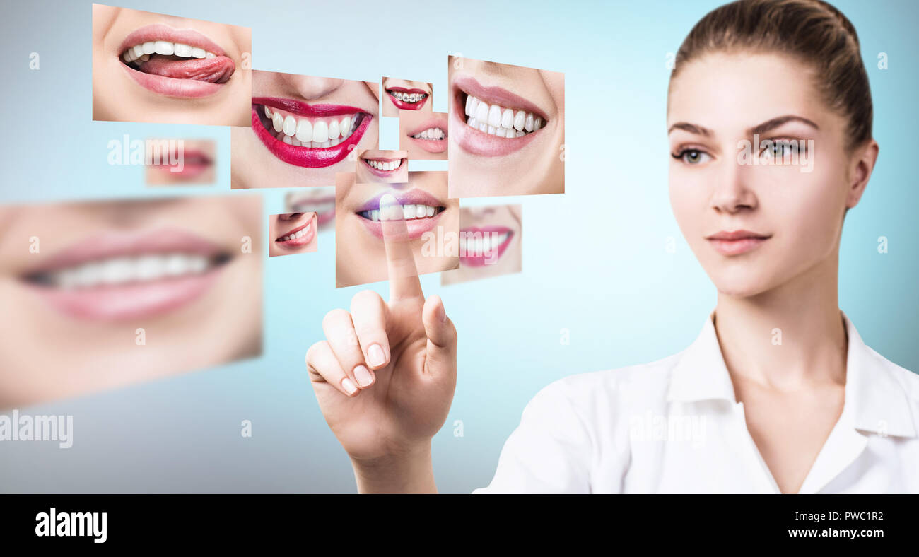 Giovane medico dentista vicino collage di sano bei sorrisi. Foto Stock