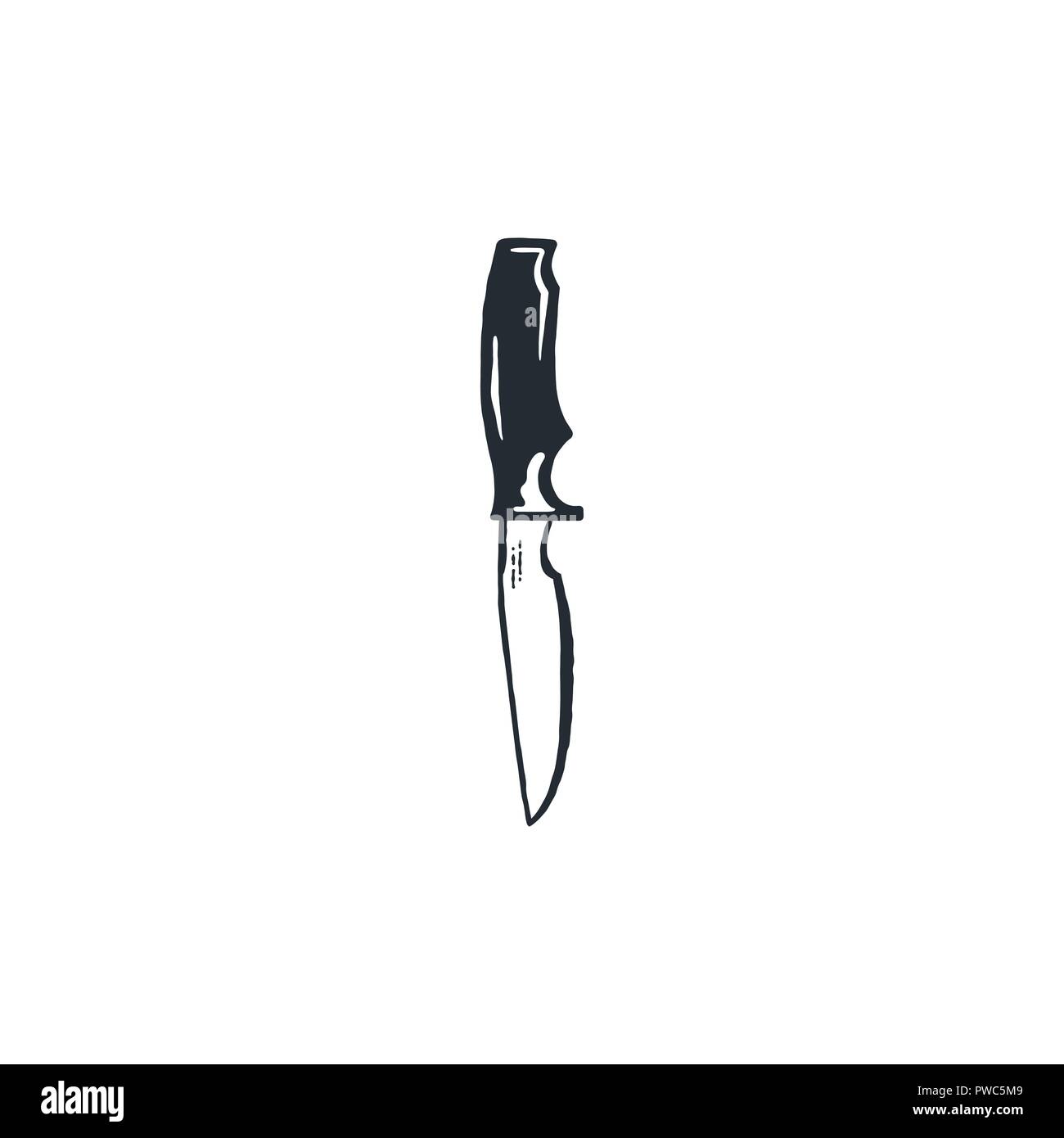 Camp simbolo del coltello. Stile Silhouette. Vintage disegnato a mano elemento di viaggio, attrezzature per il campeggio. Vettore di stock isolati su sfondo bianco. Illustrazione Vettoriale