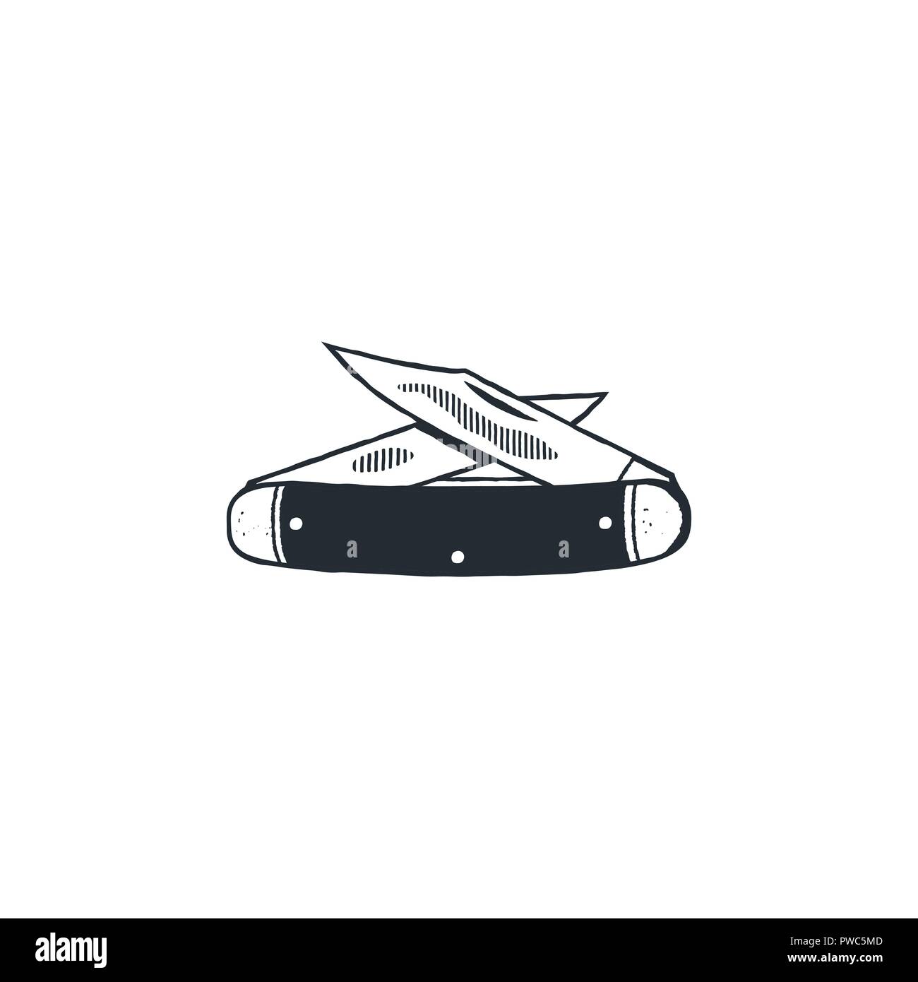 Camp simbolo del coltello. Stile Silhouette. Vintage disegnato a mano elemento di viaggio, attrezzature per il campeggio. Stock illustrazione vettoriale isolati su sfondo bianco. Illustrazione Vettoriale