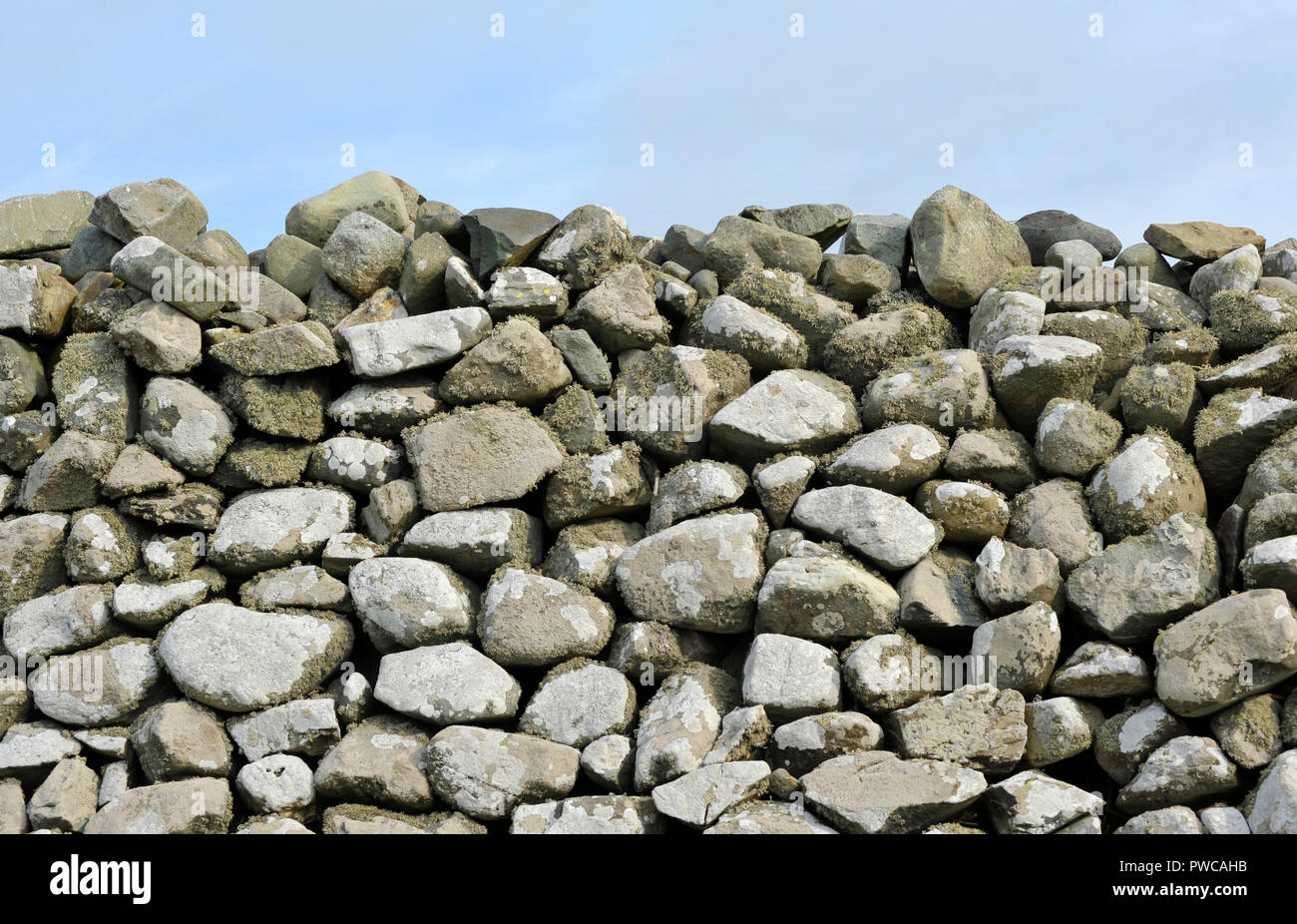 In pietra a secco e la parete di cielo in Galles, con litchen e crescita di muschio, utilizzato per contenere il bestiame e mark agricola i confini di campo in campagna. Foto Stock