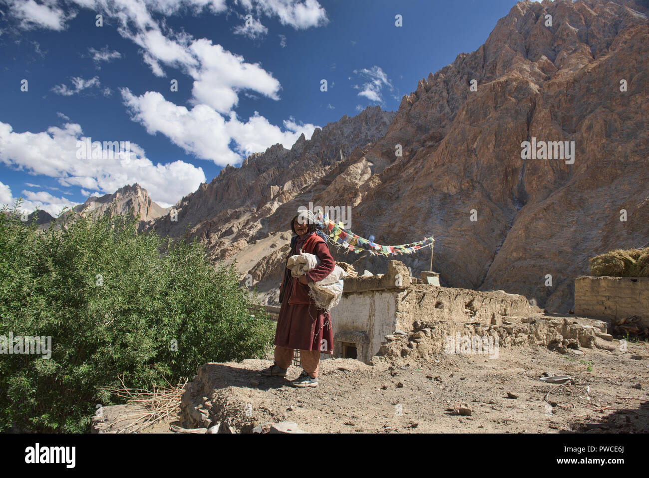 Vecchia donna nel villaggio di Sumdah Chenmo sul Lamayuru-Chiling trek Ladakh, India Foto Stock