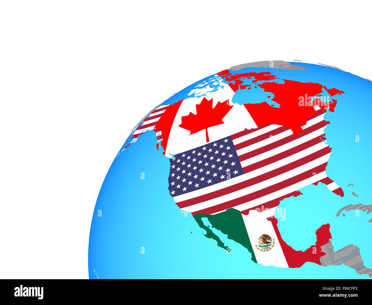 Il NAFTA memeber membri con embedded bandiere nazionali sul globo terrestre. 3D'illustrazione. Foto Stock