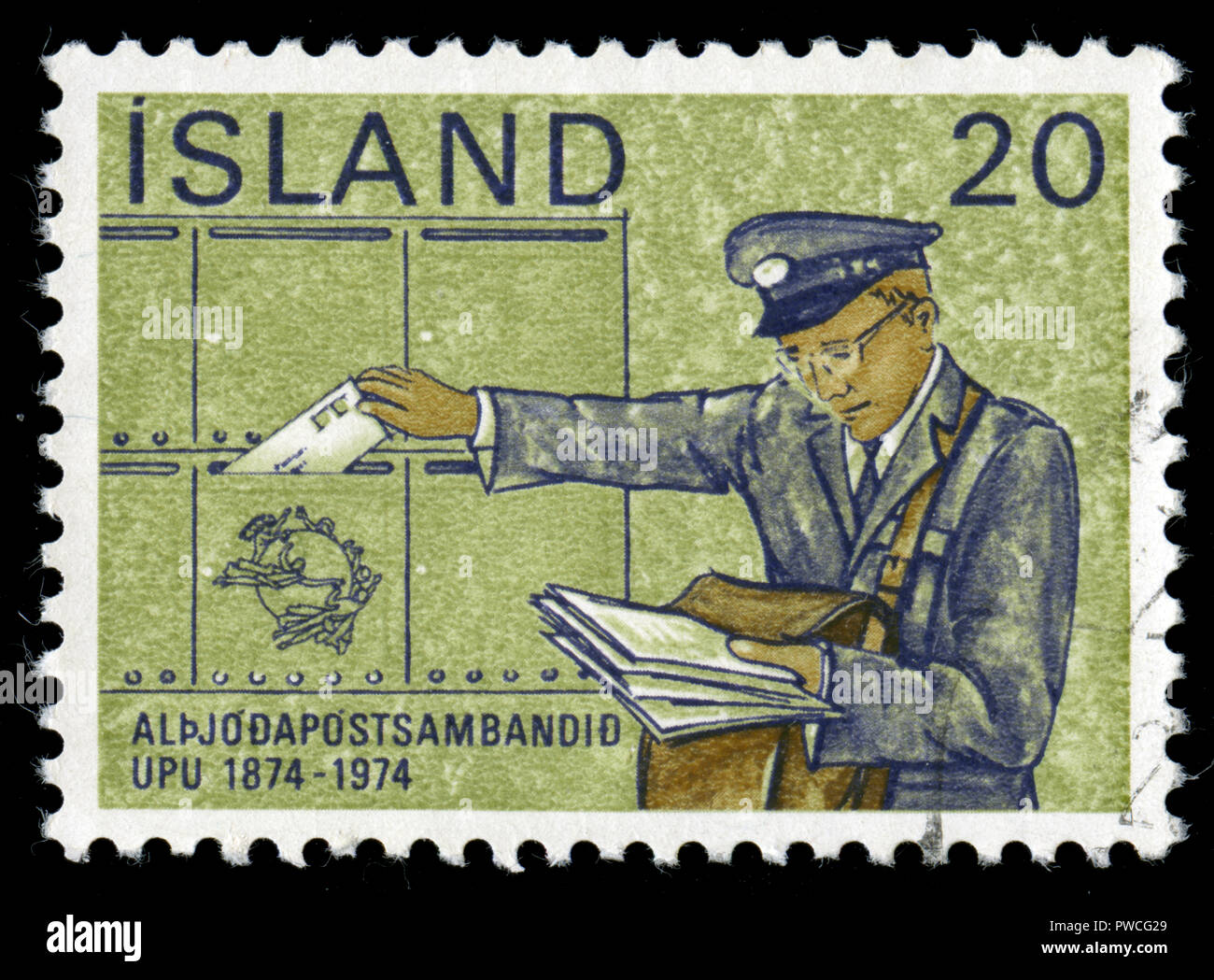Con timbro postale timbro dall'Islanda nell'U.P.U. (Unione Postale Universale), Serie Centary rilasciati nel 1974 Foto Stock