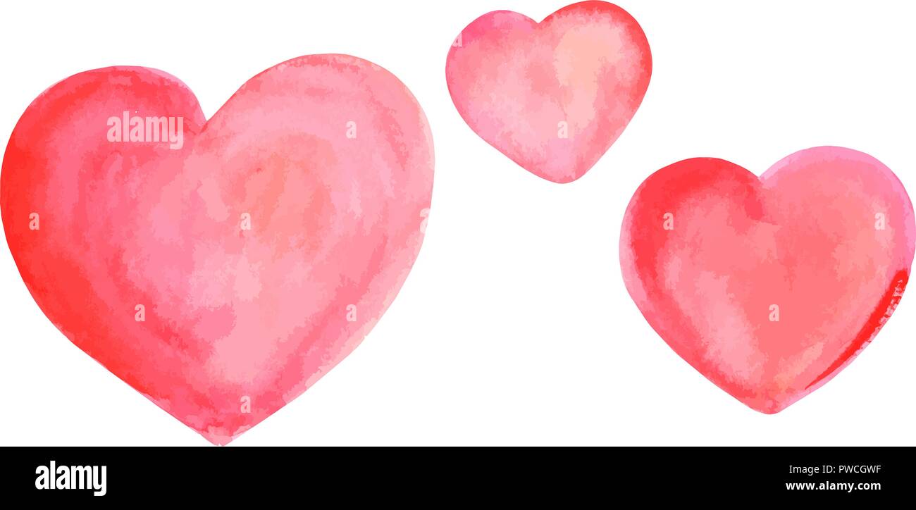 Vettore di un set di disegni ad acquerello di Cuori rosa, isolato su sfondo bianco Illustrazione Vettoriale