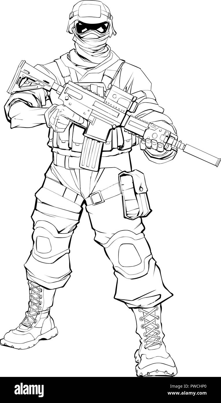Soldier Line Art Illustrazione Vettoriale