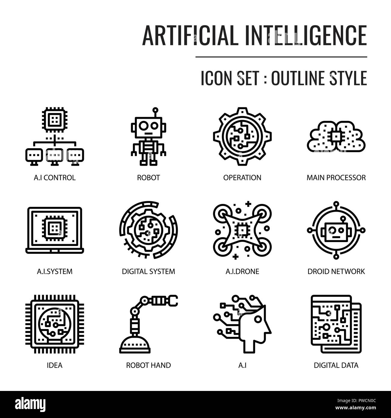 Intelligenza artificiale, pixel di contorno perfetto icona, isolati su sfondo bianco Illustrazione Vettoriale