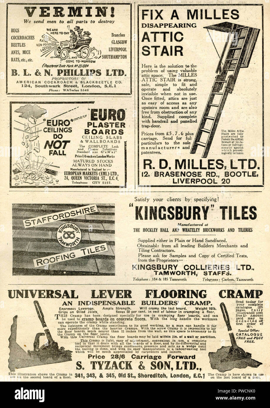 Vintage di selezione del messaggio pubblicitario per gli strumenti hardware e la creazione di materiali e servizi datata 17 gennaio 1936 nella illustrata falegname e Builder magazine Foto Stock