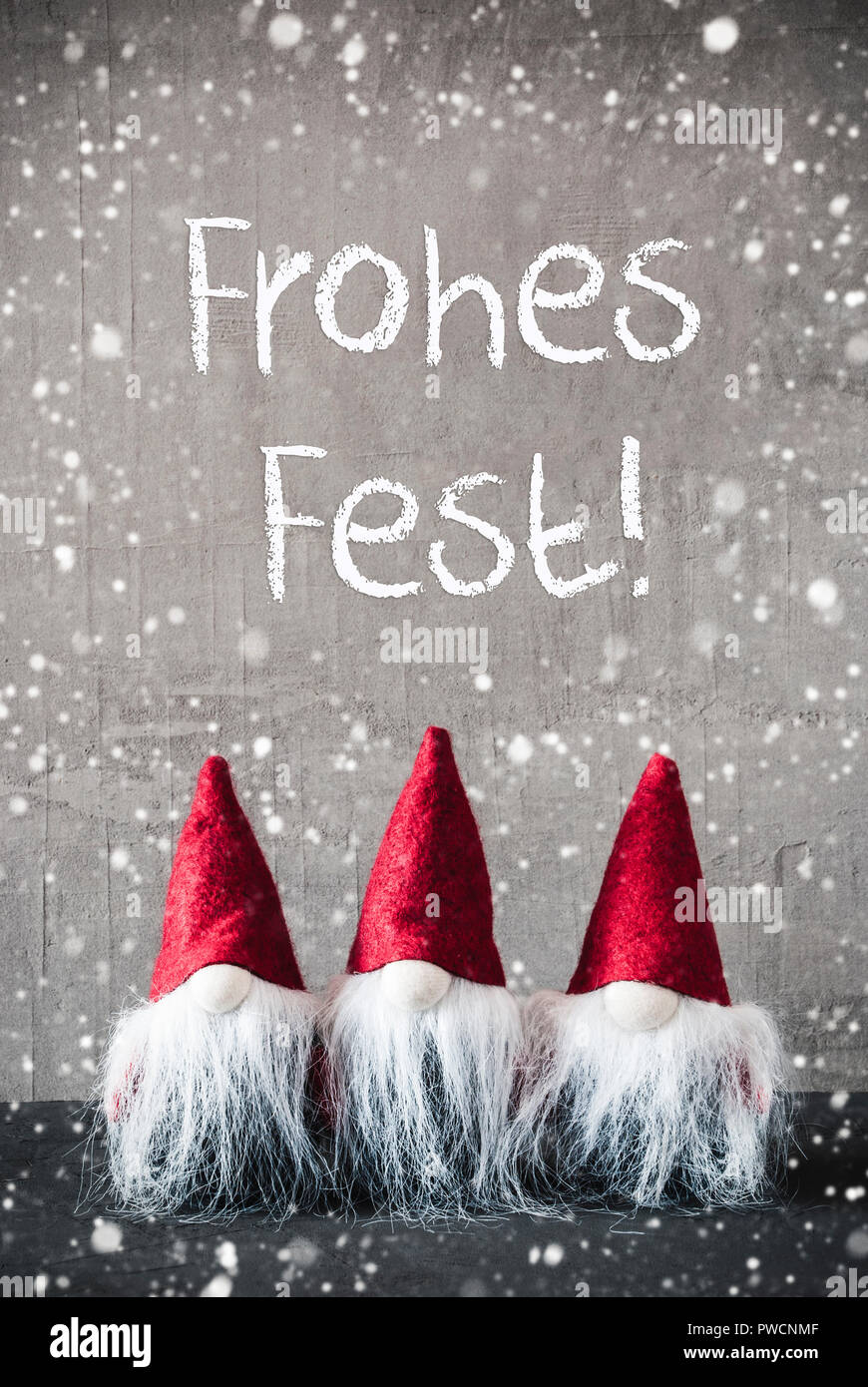 Gli gnomi, fiocchi di neve, Frohes Fest significa Buon Natale Foto Stock