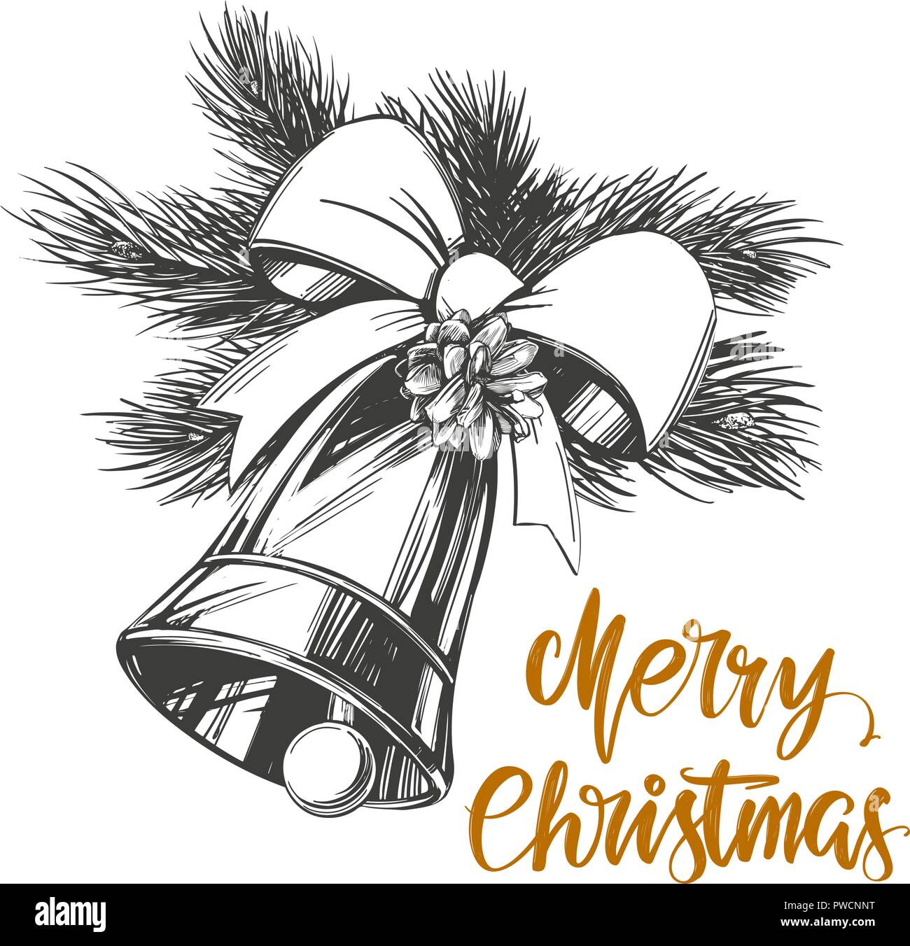 Le campane di Natale Calligraphy lettering testo simbolo del cristianesimo disegnati a mano illustrazione vettoriale schizzo Illustrazione Vettoriale