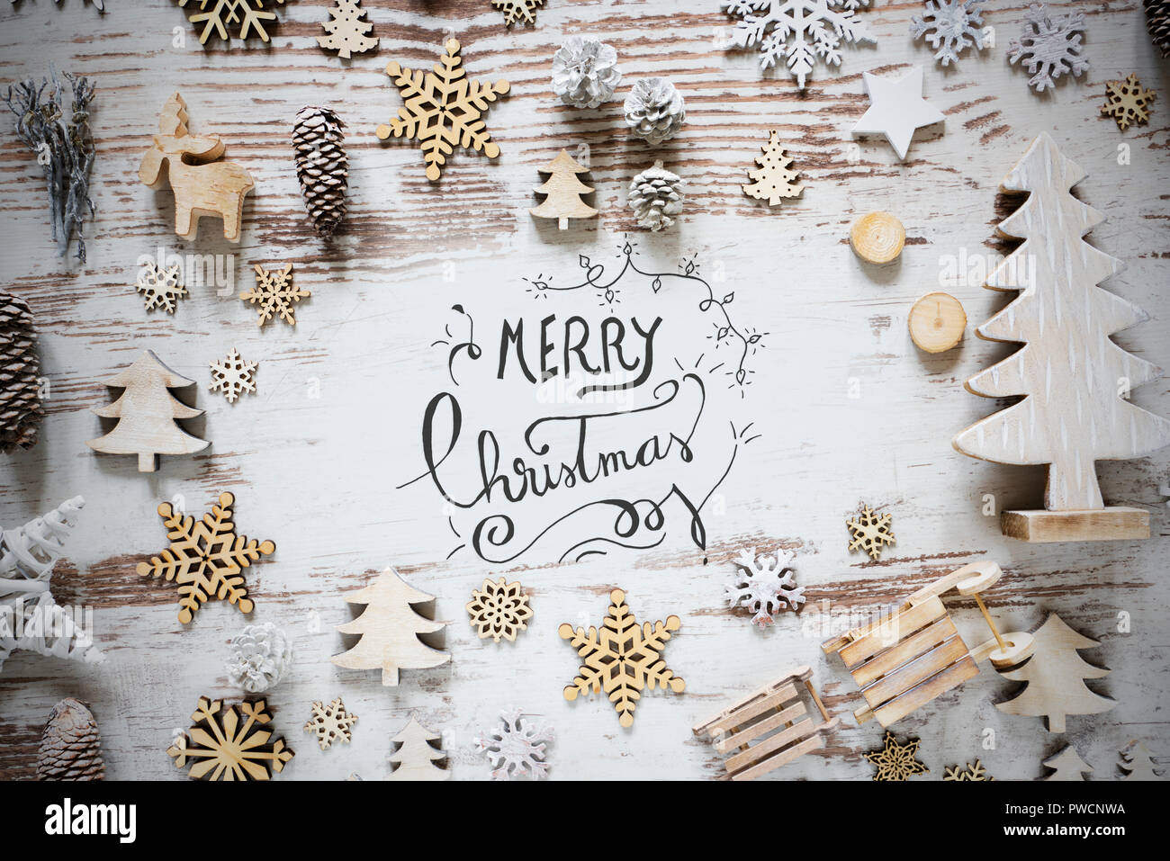 Piatto, laici decorazione di Natale, Calligrafia Buon Natale Foto Stock
