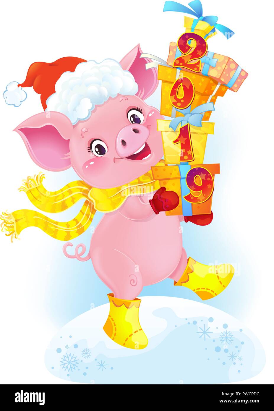 Giallo terrose suino con confezioni regalo. Carino simbolo del oroscopo cinese. Illustrazione Vettoriale