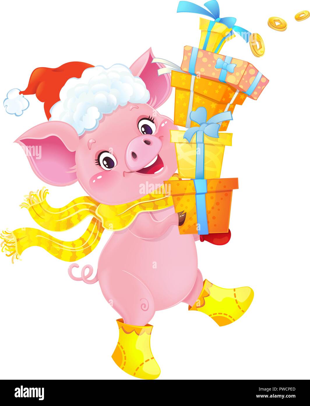 Giallo terrose suino con confezioni regalo. Carino simbolo del oroscopo cinese. Illustrazione Vettoriale