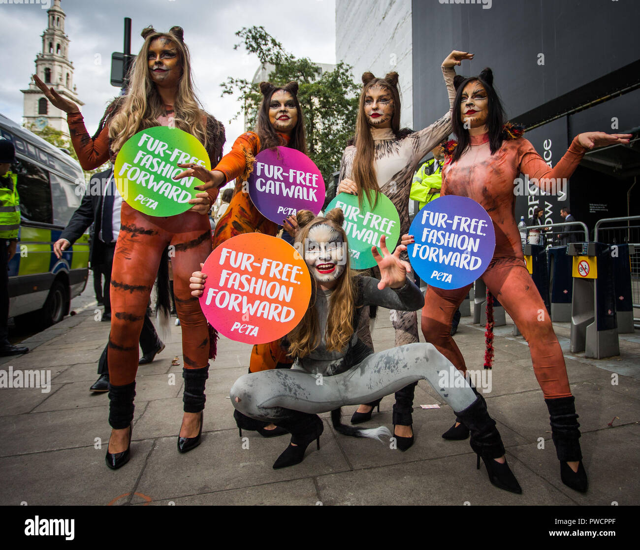 In seguito all'annuncio che questa stagione la London Fashion Week non potrà presentare qualsiasi pelo di animali, una pista di PETA " gatti " puntone al di fuori del caso di celebrare la pelliccia-free passerelle. Dotato di: atmosfera, vista in cui: Londra, Regno Unito quando: 14 set 2018 Credit: Wheatley/WENN Foto Stock