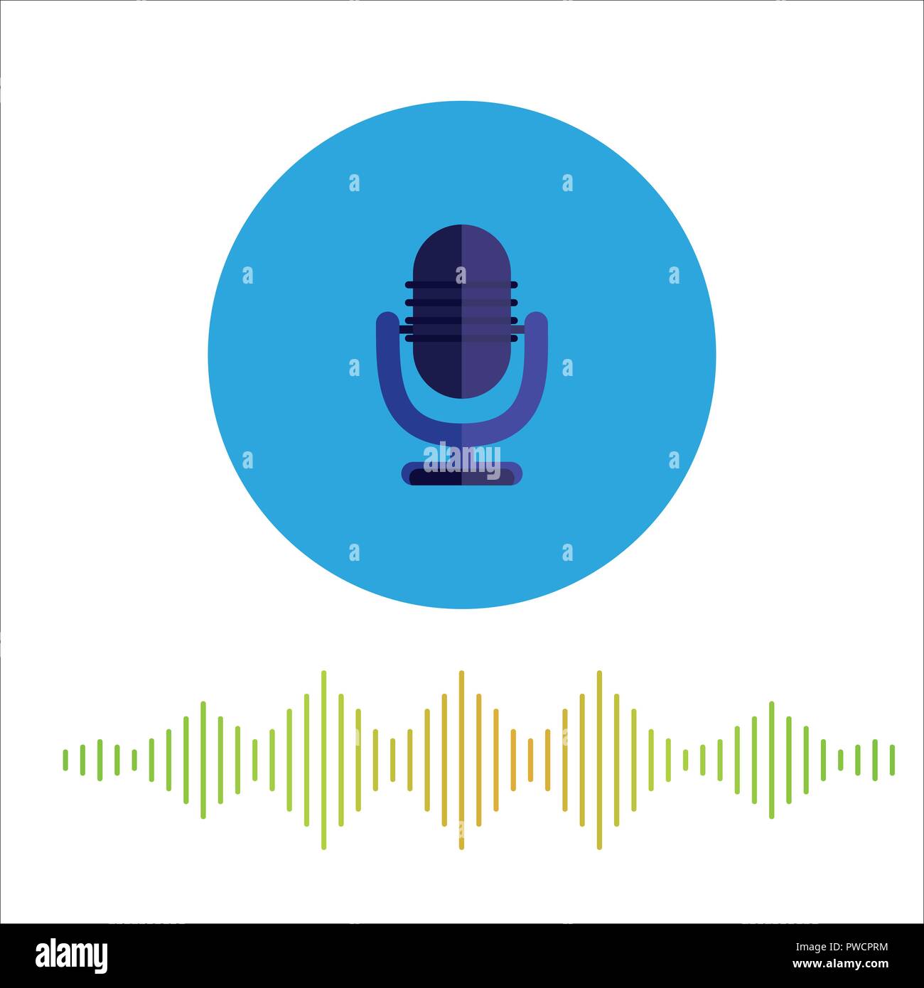 Il riconoscimento vocale illustrazione vettoriale di un suono simbolo icona a forma di microfono in blu sullo sfondo rotonda con onda sonora su sfondo bianco audio della trasmissione Illustrazione Vettoriale