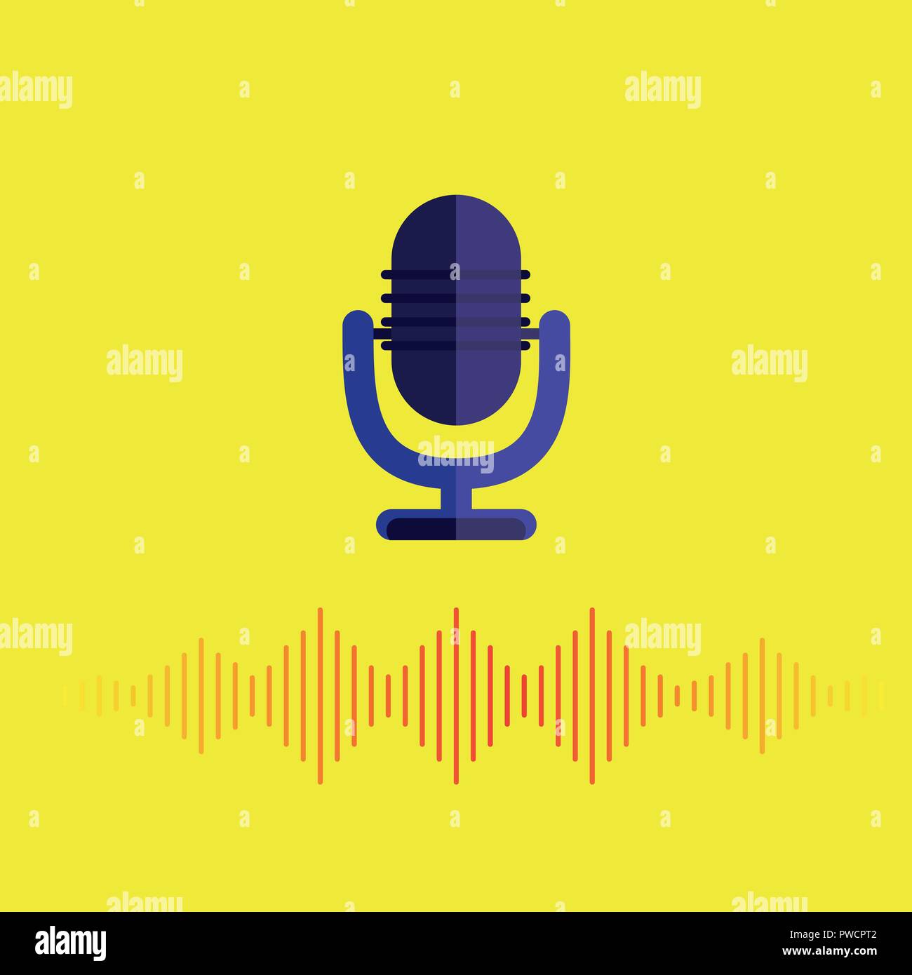 Icona a forma di microfono illustrazione vettoriale fVoice riconoscimento suono wave simbolo con microfono su sfondo giallo Illustrazione Vettoriale
