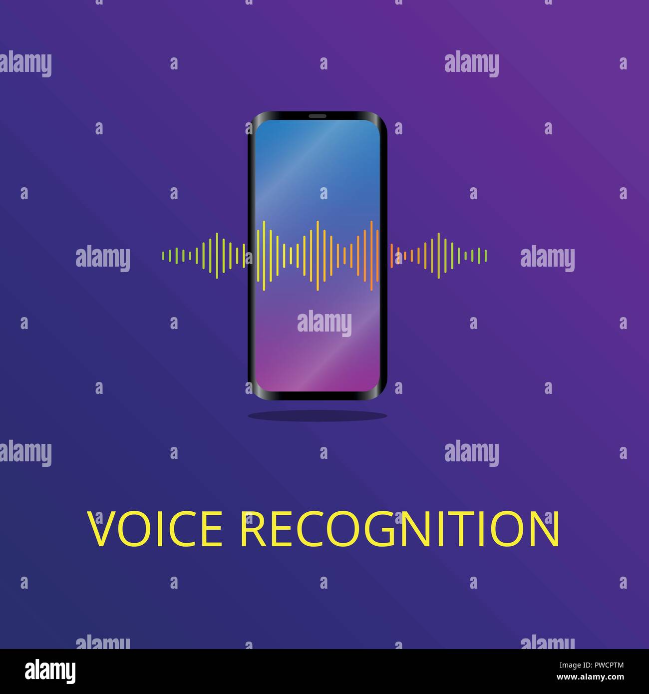 Il riconoscimento vocale illustrazione vettoriale di un simbolo del suono il suono wave è passante attraverso il telefono mobile e convertito in discorso Illustrazione Vettoriale